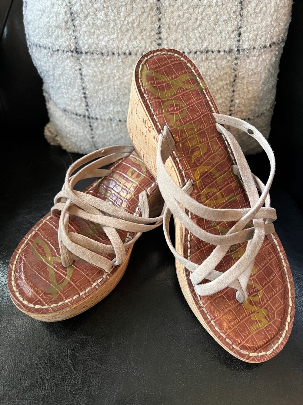 Sam Edelman Reana Suede Strappy Thong Cork Wedge Sandals Sz 8.5